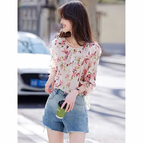 时尚气质衬衫2025年夏季新款女圆领碎花休闲通勤薄款知性上衣商品大图