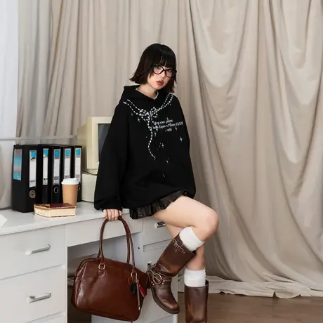 YEP设计感印花连帽卫衣女春秋2025新款美式复古帽衫宽松情侣外套图片