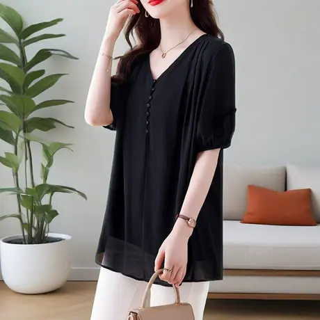 大码V领遮肚子百搭短袖雪纺上衣夏季胖mm宽松减龄显瘦时尚T恤衬衫图片
