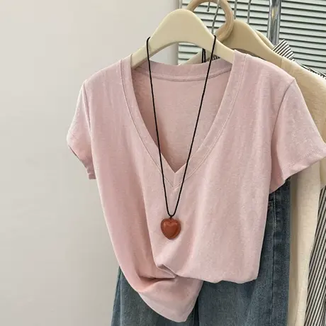 韩系高级感V领短袖T恤女夏季2025新款宽松薄款韩版雪花棉半袖上衣图片