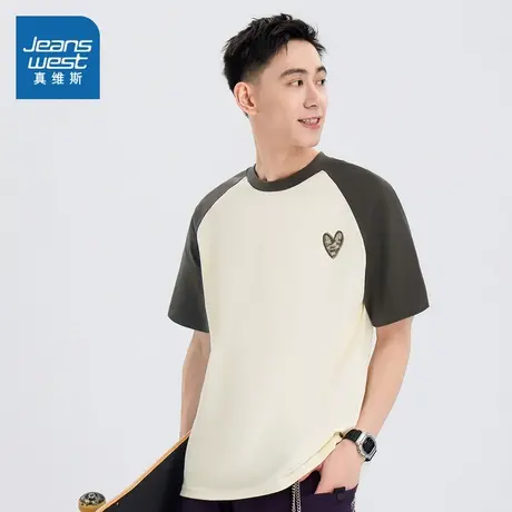 TM真维斯情侣装2025春季新款 时尚插肩撞色男女同款宽松纯棉短T恤图片