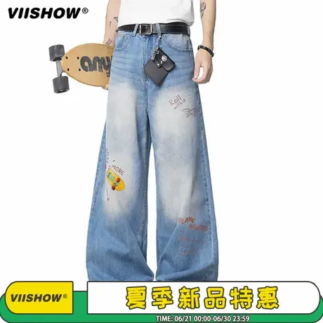 VIISHOW美式童趣印花牛仔裤男秋季潮牌水洗做旧阔腿裤子宽松长裤商品大图