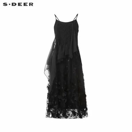 sdeer圣迪奥女装复古网纱绣花风琴褶吊带连衣裙S242Z1285商品大图