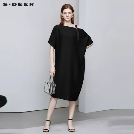 sdeer圣迪奥女装不对称露肩肌理短袖连衣裙S222Z125L商品大图