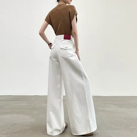 米白色牛仔阔腿裤女2025年春秋新款高腰宽松显瘦直筒加长拖地裤子商品大图