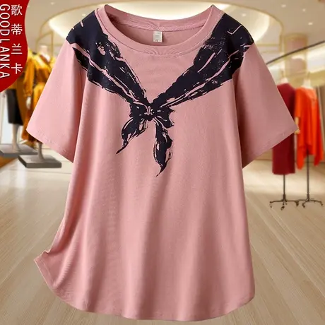 大码女装夏季体恤衫上衣宽松时尚减龄年轻妈妈印花纯棉短袖T恤女图片