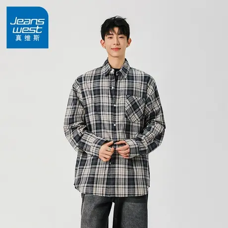 N5真维斯男士长袖衬衫2025秋季新款美式复古潮流宽松男生休闲衬衣商品大图