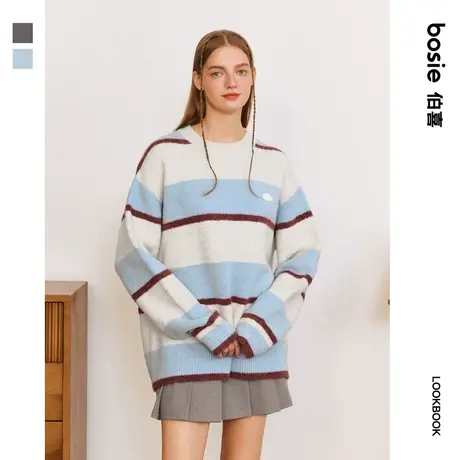 【商场同款】bosie2023年冬季新款套头毛衫男情侣基础条纹针织衫商品大图