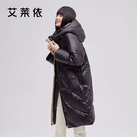 艾莱依新品冬季撞色时尚羽绒服女高端中长款连帽鸭绒保暖黑色外套图片