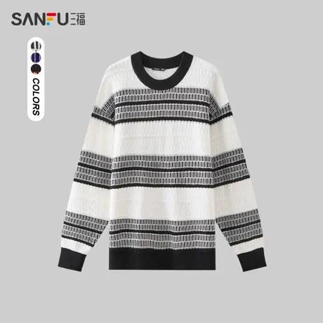 三福2023冬男士波普条纹大廓形毛衣 撞色宽松圆领上衣男478320商品大图
