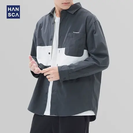 hansca长袖衬衫男潮牌秋季纯棉宽松百搭高级感撞色青少年上衣外套商品大图