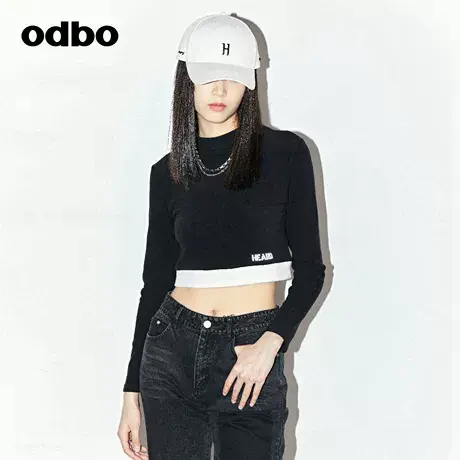 odbo 潮牌炸街辣妹风半高圆领短款卫衣新款女秋黑色显瘦上衣商品大图