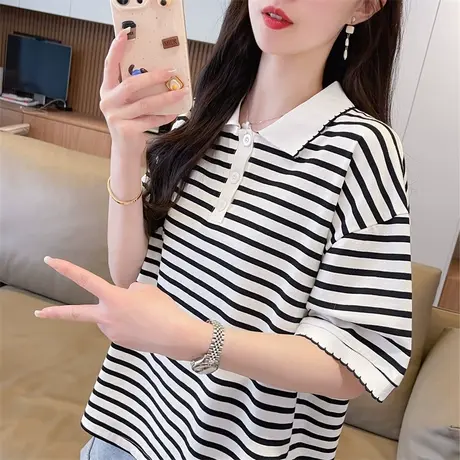 polo领短袖t恤女夏季韩版宽松大码女装设计感小众条纹假两件上衣图片