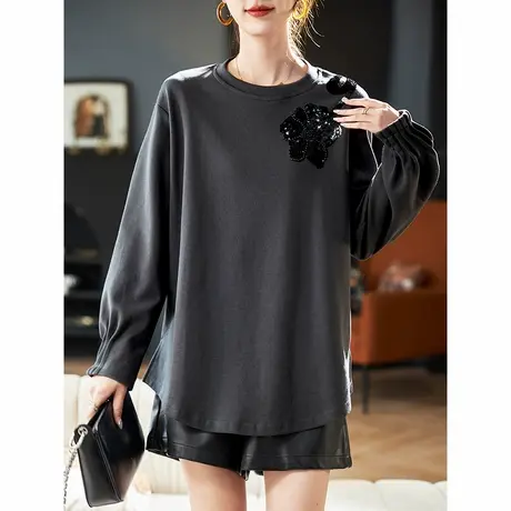 宝诗黎圆领钉珠亮片拼接长袖T恤2025春季简约百搭休闲棉质上衣女商品大图