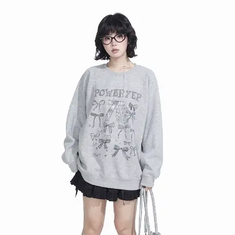 YEP复古蝴蝶印花圆领卫衣女春季2025年新款套头宽松潮牌无帽上衣商品大图