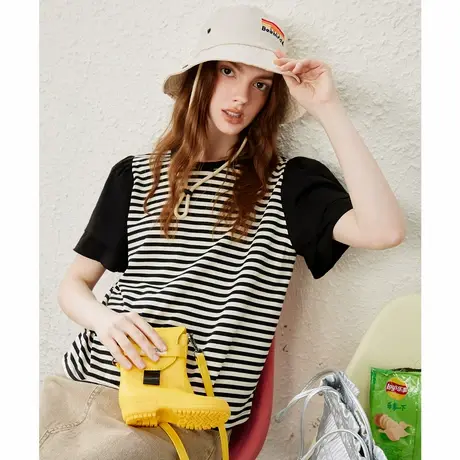 a02撞色条纹设计圆领短袖上衣夏季休闲可爱宽松百搭女式T恤商品大图
