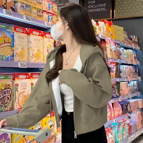 黑色短款小个子加绒外套卫衣女秋冬季2025新款开衫拉链短款上衣服商品大图