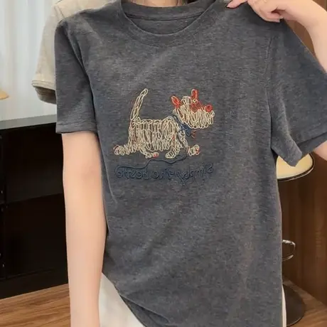 重工绣花短袖t恤女2025夏季新款小众设计感大码纯棉宽松女士上衣商品大图