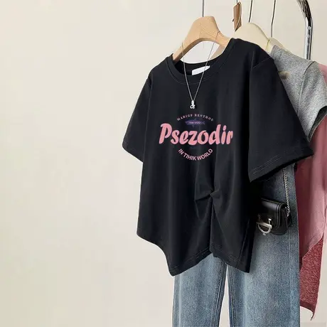 美式印花正肩短袖女夏2024新款不规则收腰显瘦独特T恤ins大码上衣图片