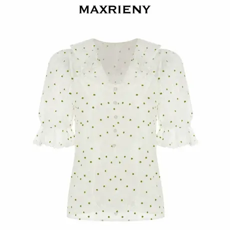 【奥莱】MAXRIENY欧式园艺风雪纺衫夏款复古绿波点蕾丝泡上衣商品大图