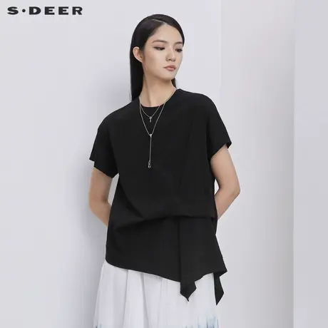 sdeer圣迪奥女夏装圆领堆叠拼接不规则短袖衬衫S21280403图片