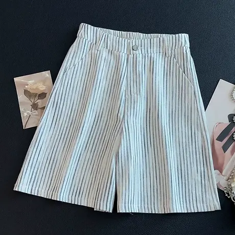 拉夏贝尔美式短裤女夏季薄款2025新款竖条纹抗皱中裤小个子五分裤商品大图