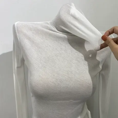 薄！喜欢这个质感！基础又好穿堆堆领长袖T恤女显瘦微透内搭上衣图片