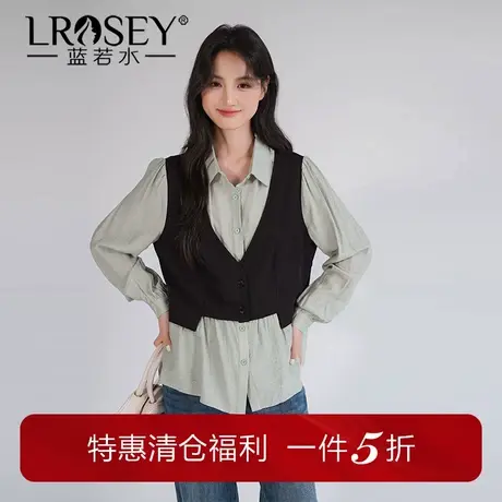蓝若水2025新款大码秋装假两件马甲叠穿衬衫胖MM别致显瘦洋气上衣商品大图