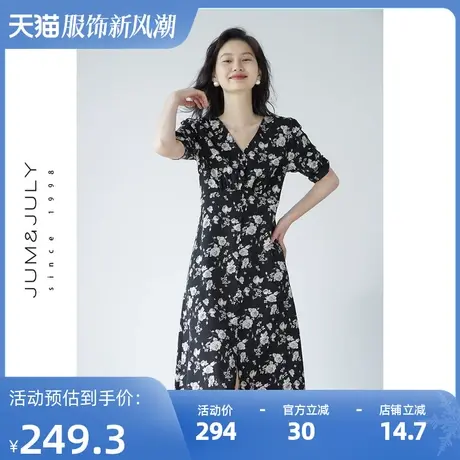 嘉茱莉2023夏季新款法式碎花连衣裙女短袖v领高腰显瘦长裙小个子商品大图