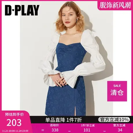 DPLAY秋装新款甜美ins风宫廷领牛仔拼色高腰拼接连衣裙商品大图