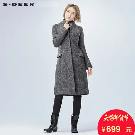 sdeer圣迪奥2018冬装假两件堆领暗扣修身粗呢大衣外套女S16481868图片