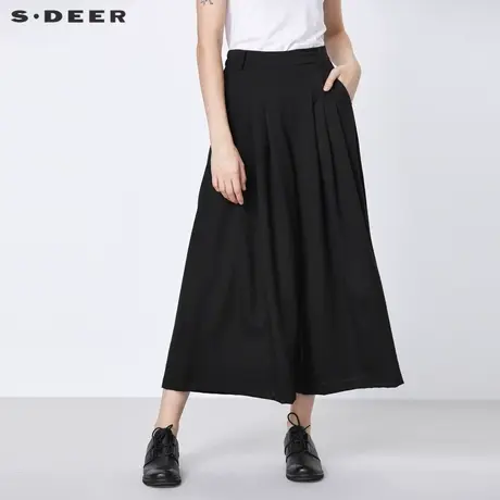 sdeer圣迪奥女秋季松紧拼接压褶阔腿黑色九分裤S21360811图片