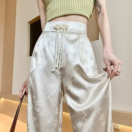 提花缎面阔腿裤女春夏季薄款新中式国风醋酸高腰冰丝休闲直筒裤子商品大图