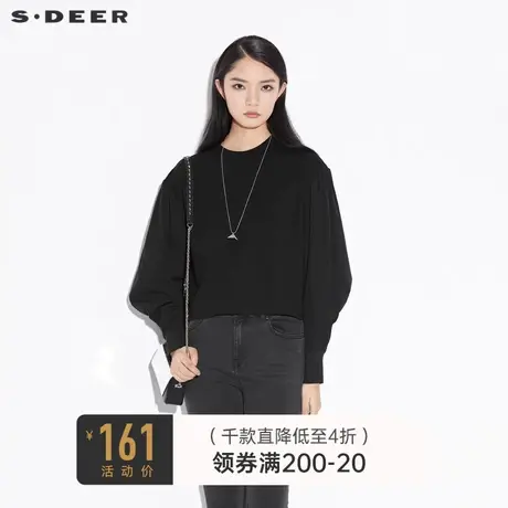 sdeer圣迪奥女装春秋装休闲圆领褶皱拼接泡泡袖T恤女S21380222图片