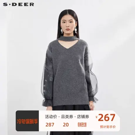 sdeer圣迪奥女装罗纹圆领镂空网纱长袖针织衫S224Z3524图片