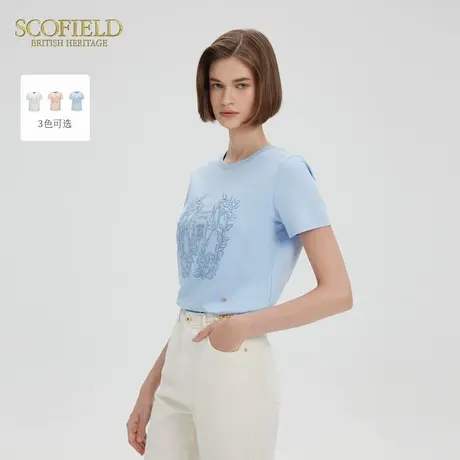 Scofield女装时尚简约设计感刺绣T恤圆领修身短袖2025夏季新款图片