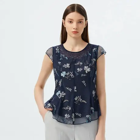 夏季薄款植物印花收腰女式衬衫朗姿旗下悦朗姿图片