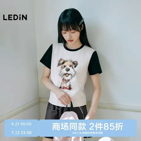 【商场同款】乐町小狗短袖T恤夏季撞色边插肩袖上衣短袖C2CNF2510图片