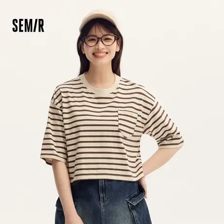 [商场同款]森马短袖T恤女短款纯棉宽松2024新款夏季条纹上衣复古图片