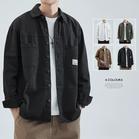 hansca工装衬衫外套男宽松休闲2023秋季潮牌日系复古纯棉开衫夹克商品大图