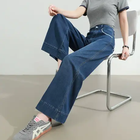 莱赛尔天丝喇叭牛仔裤女夏季薄款高腰垂感宽松港风复古阔腿微喇裤商品大图