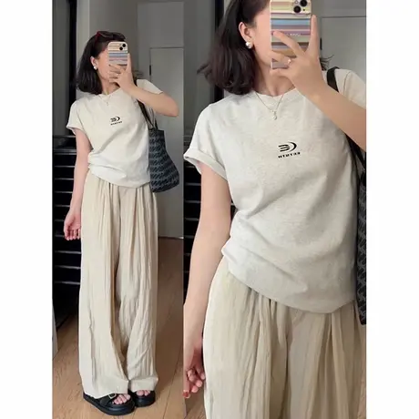 2024夏款大码女装灰色正肩t恤女韩版chic修身小飞袖短袖ins潮上衣图片