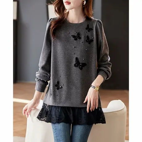 宝诗黎圆领蕾丝亮片拼接卫衣2025春季假两件洋气休闲百搭棉质上衣商品大图