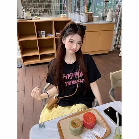 纯棉ins显瘦黑色短袖t恤女夏季新款2025美式复古宽松洋气半袖上衣商品大图