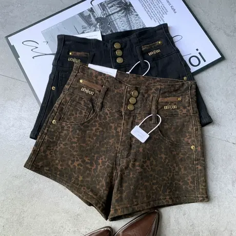 韩版冬季加绒新款复古豹纹排扣牛仔短裤女设计感休闲弹力修身热裤商品大图