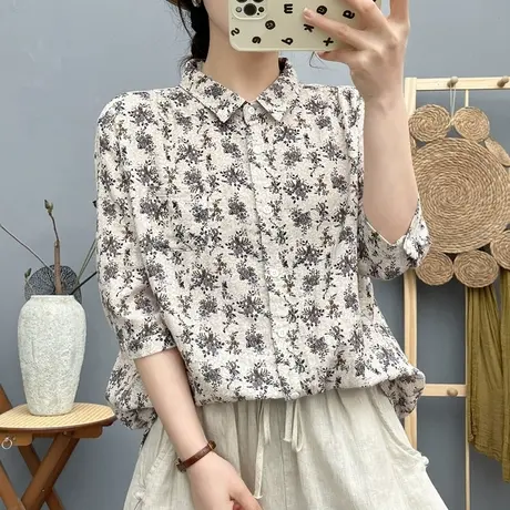 夏季韩版文艺印花纯棉中袖衬衫女宽松柔软亲肤透气七分袖碎花上衣图片