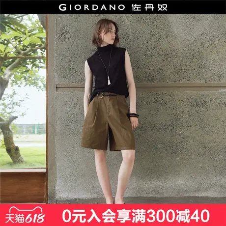 设计师款佐丹奴百慕大短裤女夏季纯棉亚麻感压褶阔腿短裤18405604图片