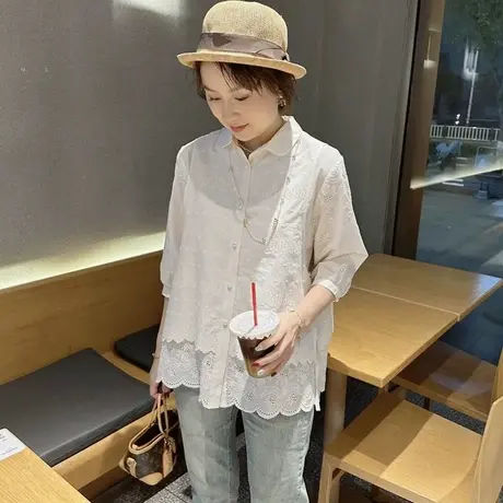 白色翻领刺绣蕾丝拼接假两件七分袖衬衫女春季新款气质显瘦衬衣潮商品大图