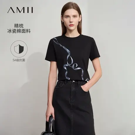 Amii2025夏新款圆领撞色织带印花短袖T恤女抗菌冰瓷棉弹力上衣商品大图