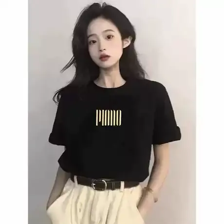 黑色正肩显瘦短袖2025夏季设计感t恤女新款宽松纯棉中长款小众ins商品大图